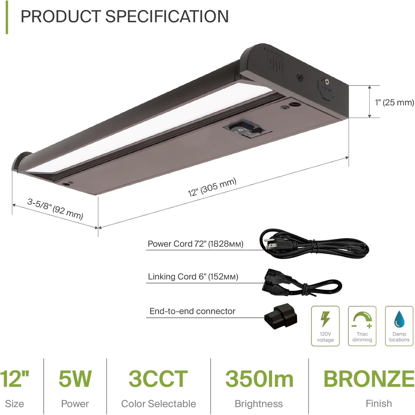ASD Lighting LED Under Cabinet Swivel 12" 5W 120V Dimmable CCT Selectable 2700/3000/4000K Hardwired or Plug-in, Linkable, Hi/Low Switch, Oil Rubbed Bronze UL