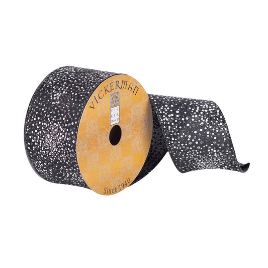 Vickerman 2.5" x 10 yard Black Dupion with White Glitter Dots Christmas Ribbon