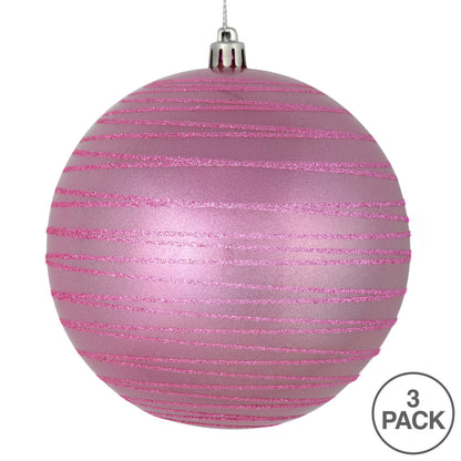 Vickerman 6" Pink Candy Finish Ball Ornament with Glitter Lines 3 per Bag