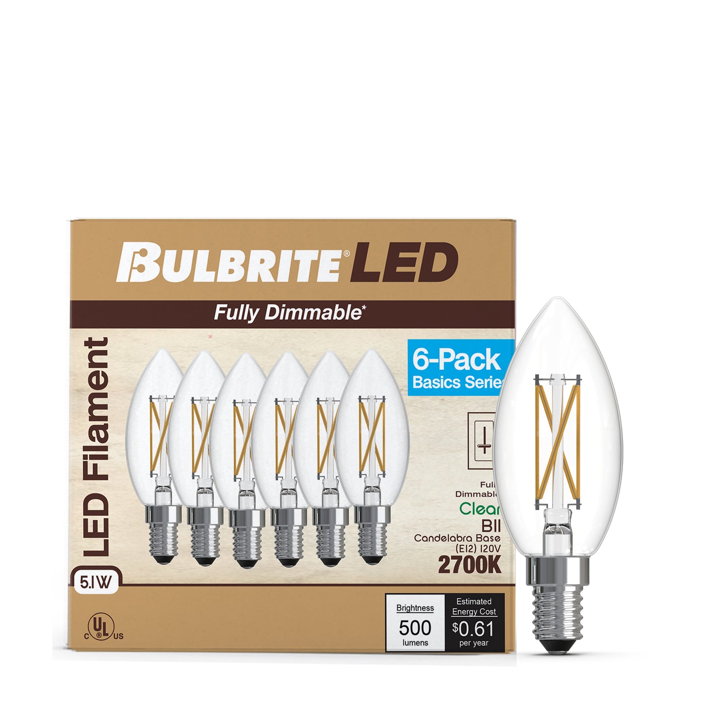 Bulbrite 776232 LED Filament Pack of 6, 5.1 Watt Dimmable B11 Light Bulb with Clear Finish and Candelabra Screw E12 Base - 2700K(Warm White Light), 500 lumens