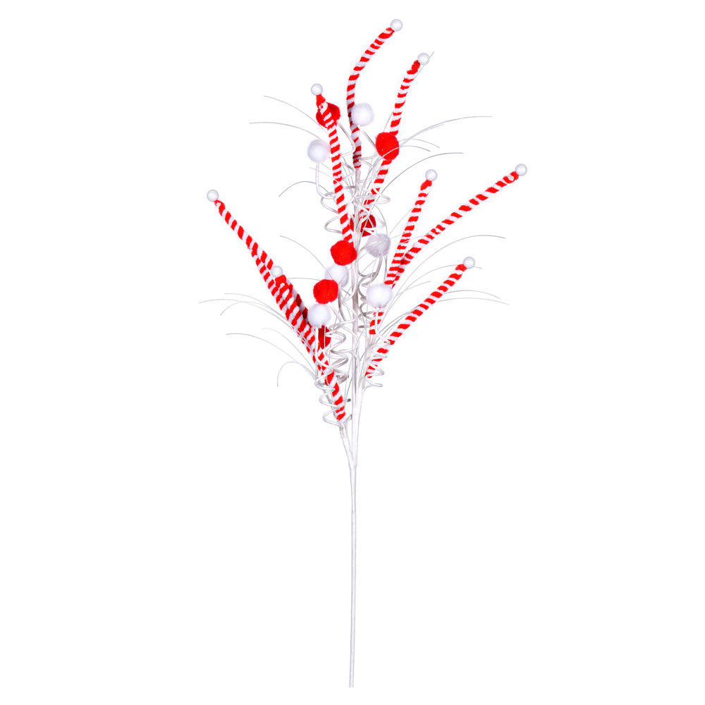Vickerman Red/White Candy Cane Pom Pom Artificial Christmas Spray. Includes 6 sprays per pack.