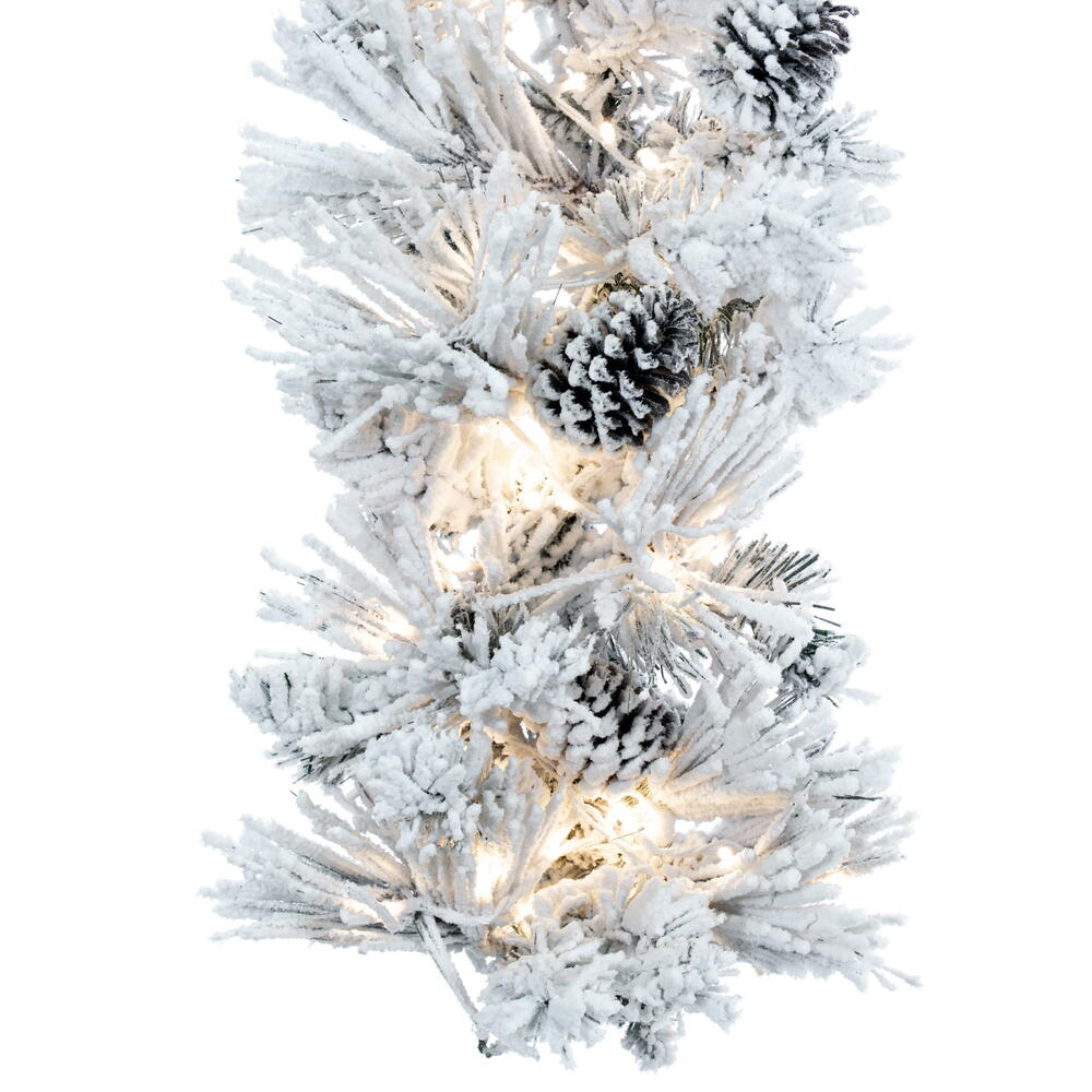 Vickerman 9' x 14" Flocked Atka Artificial Christmas Garland Warm White LED lights.