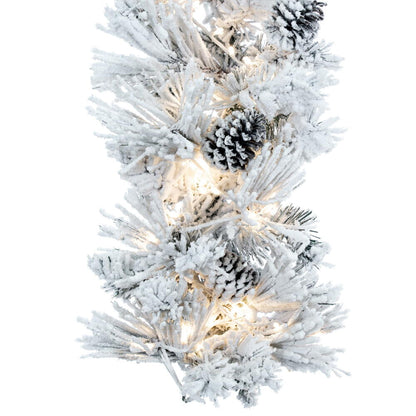 Vickerman 9' x 14" Flocked Atka Artificial Christmas Garland Warm White LED lights.