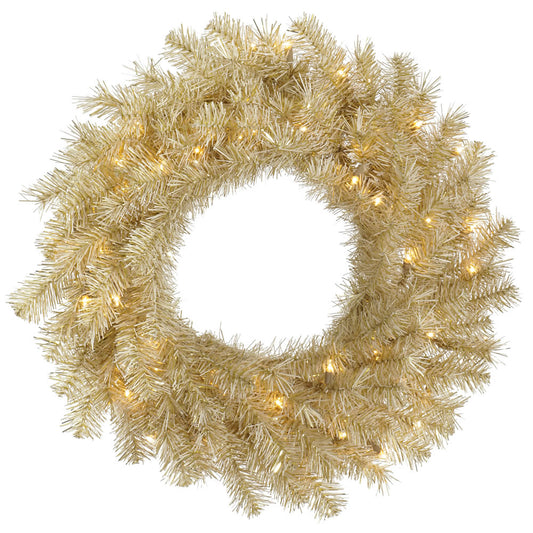 Vickerman 30" White and Gold Tinsel Artificial Christmas Wreath Warm White Dura-lit LED Lights