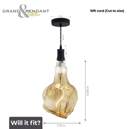 Bulbrite LED Grand Bulb and Pendant Kit of (1) 4 Watt Antique Glass 13" Glacier Shaped Bulb and (1) Black Open Socket Pendant on Multicolor Fabric Braided Cord - 2000K (Amber Light)