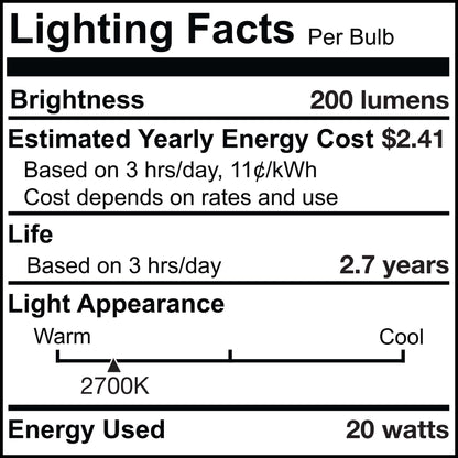 BULBRITE KRYPTON/XENON T3 CANDELABRA SCREW (E12) 20W DIMMABLE LIGHT BULB 2700K/WARM WHITE 2PK (473021)