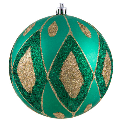 Vickerman 4.75" Seafoam Green Matte Ball with Glitter Diamond Pattern. Add variety and sparkle to your holiday arrangement with this matte ornament that features a glitter pattern. Includes 4 pieces per bag. Made with shatterproof plastic. Ornament has a