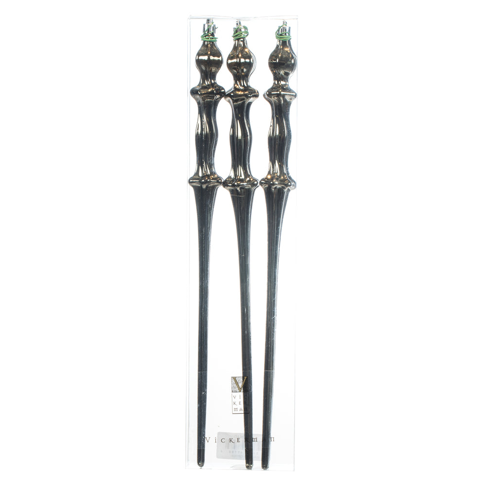 Vickerman 15.7" Gunmetal Shiny Icicle Ornament with drilled and wired caps. Comes 3 per Box.