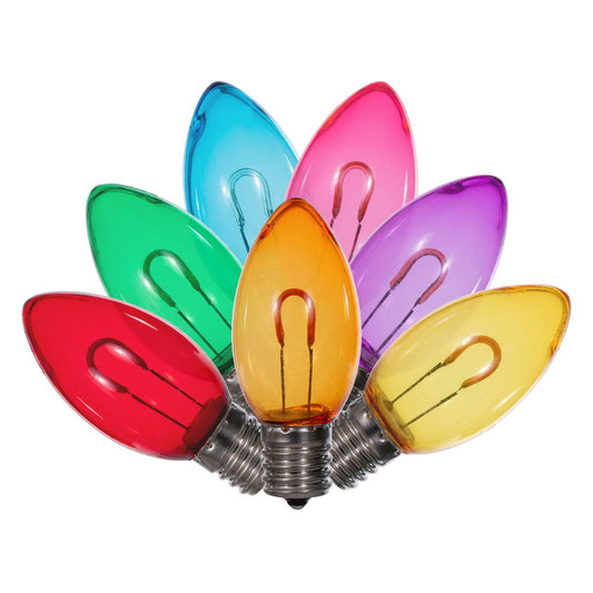 Vickerman C9 Transparent U-Shaped Filament Multi Bulb, E17 Base, .6 Watts, 25 Pcs Assorted/Bag.  Colors included are Blue, Red, Green, Purple and Amber.