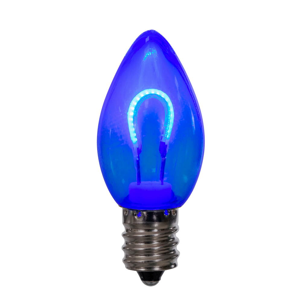 Vickerman C7 Transparent U-Shaped Filament Blue Bulb, E12 Base, .6 Watts, 25 Pcs Assorted/Bag.  Colors included are Blue, Red, Green, Purple and Amber.