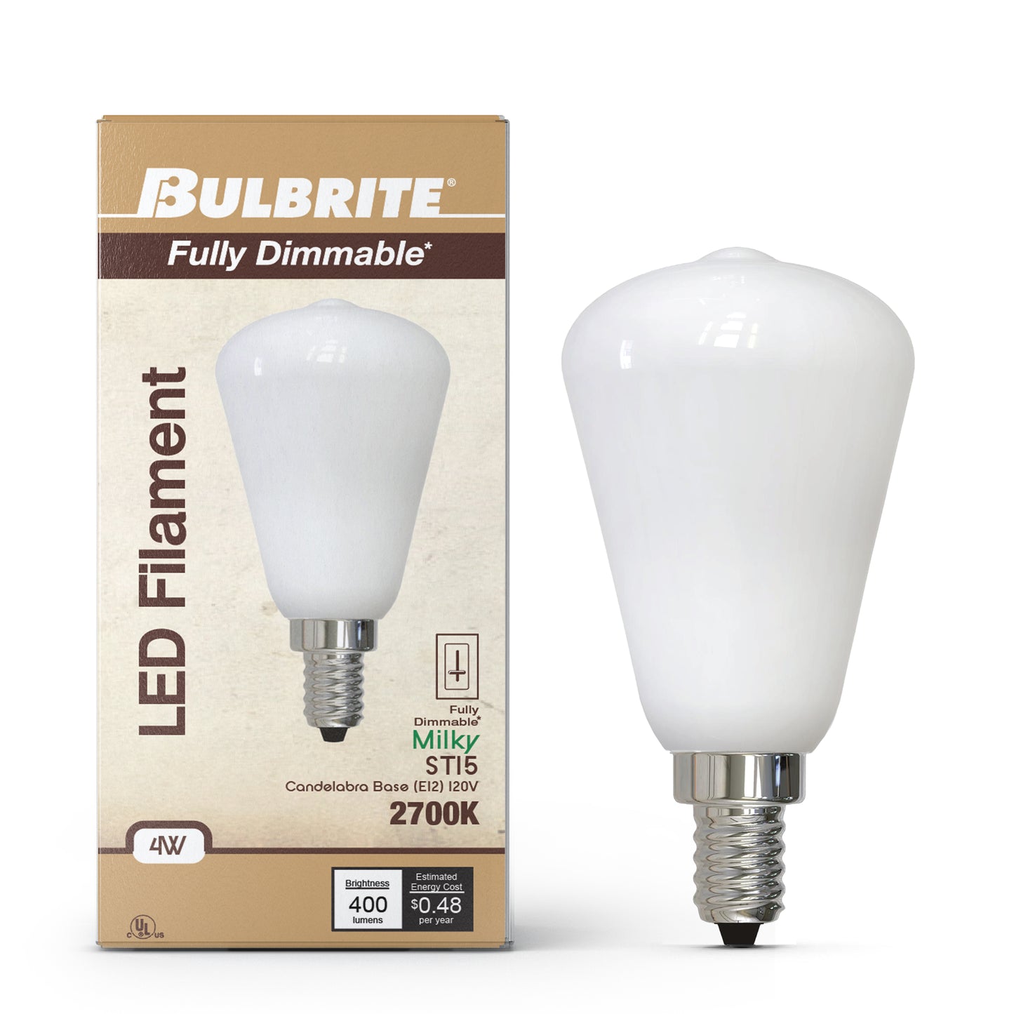Bulbrite 862051 LED Filament Pack of (4) 4 Watt Dimmable ST15 Light Bulb with Milky Glass Finish and Candelabra (E12) Base - 2700K (Warm White Light), 400 Lumens
