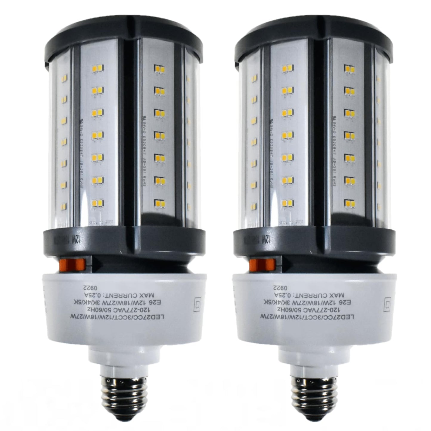 Damar- LED Corn Cob Post Top Bright Light Bulb Type B Ballast Bypass 36W/18W/27W E26 Medium Base 30K/40K/50K Color Selectable 1680/2520/3780 Lumen Dimmable 120-277VAC Pack of 2- For Warehouse Garage