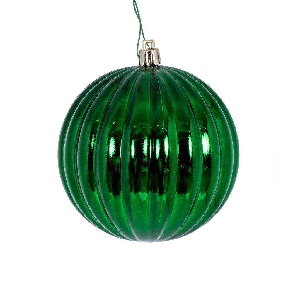 Vickerman 4" Green Shiny Lined Ball Ornament 6 per Bag.