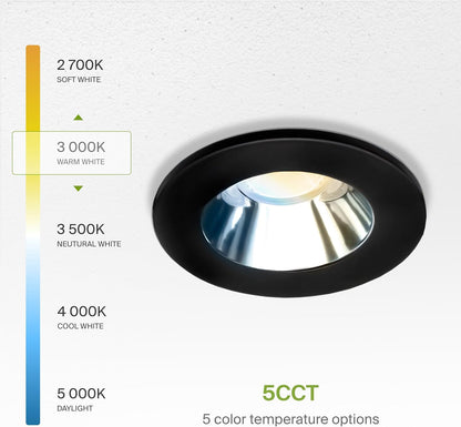 ASD Lighting LED Downlight 2INCH Changeable Round 8W CCT Selectable 2700/3000/3500/4000/5000K Dimmable, Chrome Smooth reflector, Black trim, ETL Energy Star