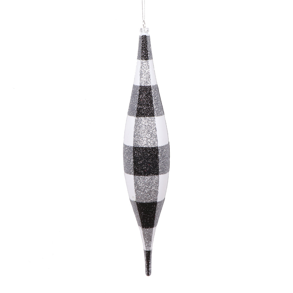 Vickerman 13" White Black Plaid Glitter Shuttle Ornament 2 per bag.