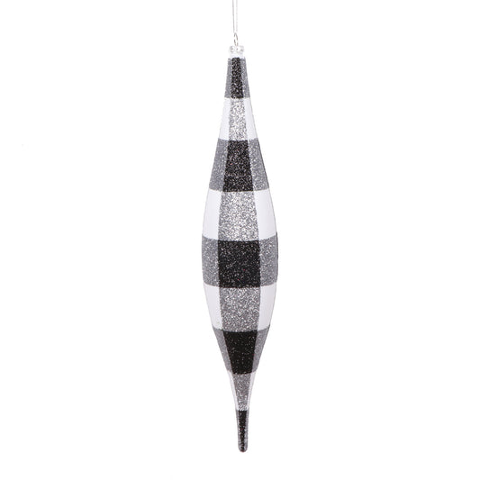 Vickerman 13" White Black Plaid Glitter Shuttle Ornament 2 per bag.