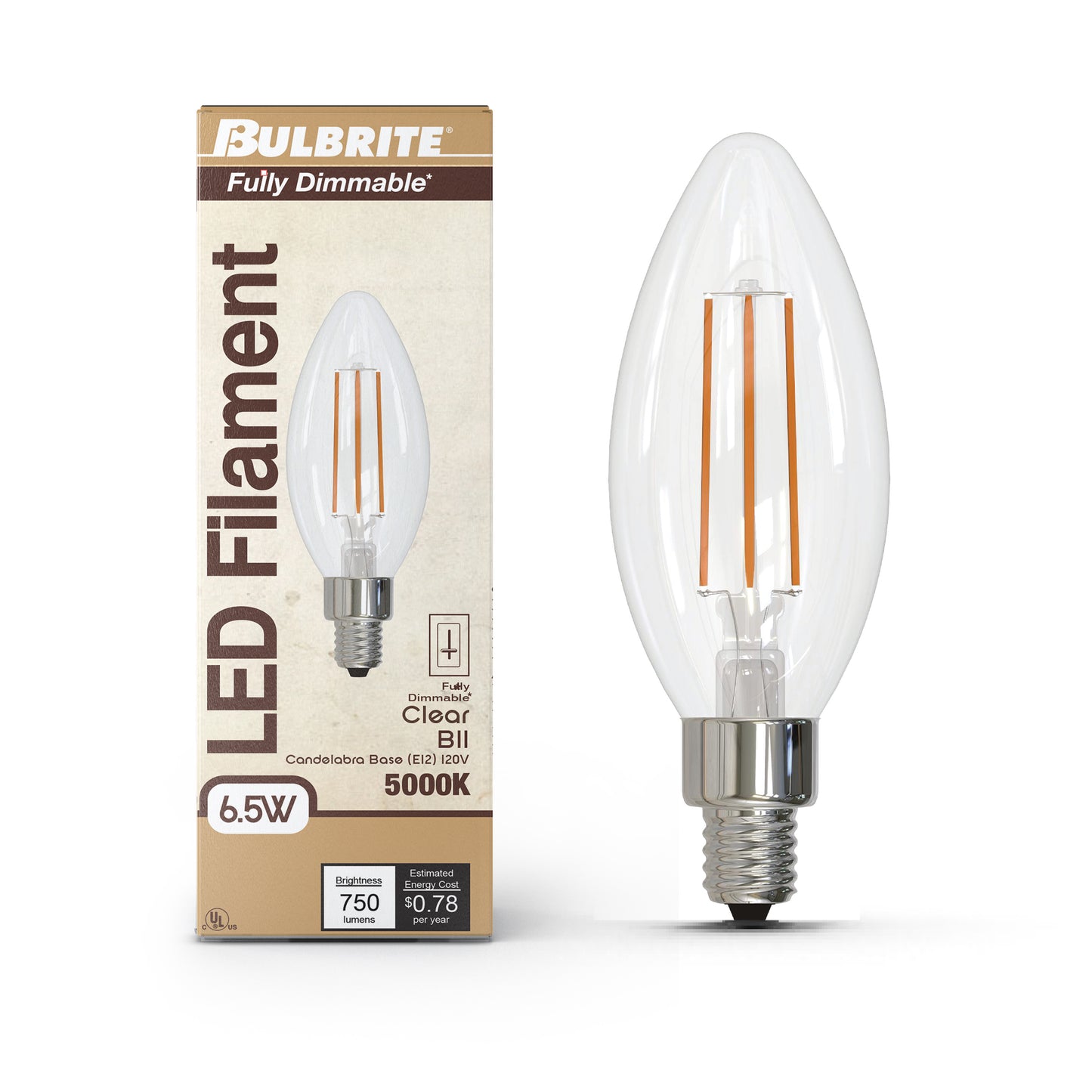 Bulbrite 862079 LED Filament Pack of (4) 6.5 Watt Dimmable B11 Light Bulb with Clear Glass Finish and Candelabra (E12) Base - 5000K (Soft Daylight Light), 750 Lumens