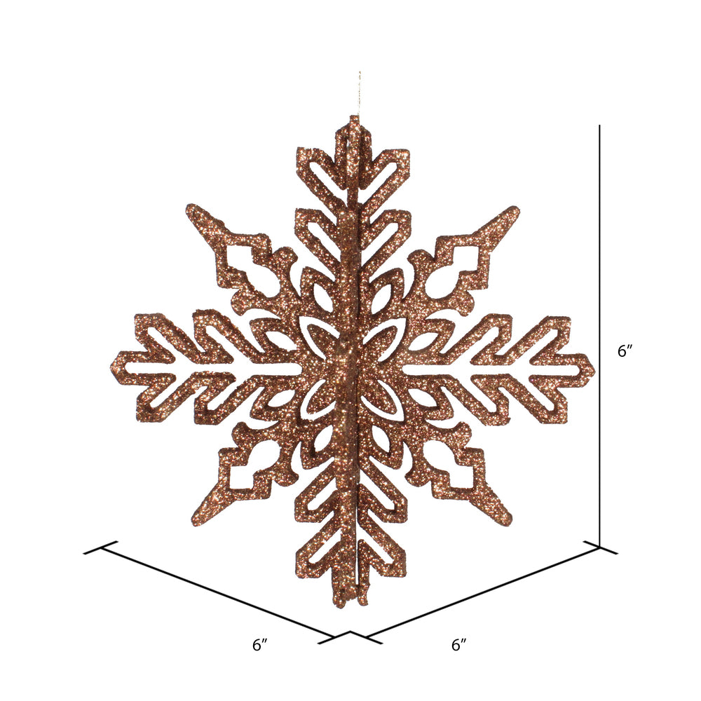 Vickerman 6" Mocha 3D Glitter Snowflake Christmas Ornament Set of 3