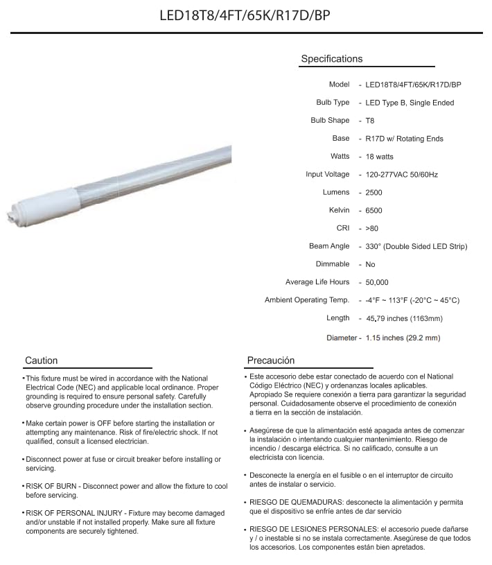Damar- 4Ft T8 LED Tube Light Bulb Type B Ballast Bypass Single End 18W 2500 Lumens 6500K Daylight R17D Base with Rotating Ends 120-277VAC Pack of 10- Fluorescent Replacement for Garage Workshop