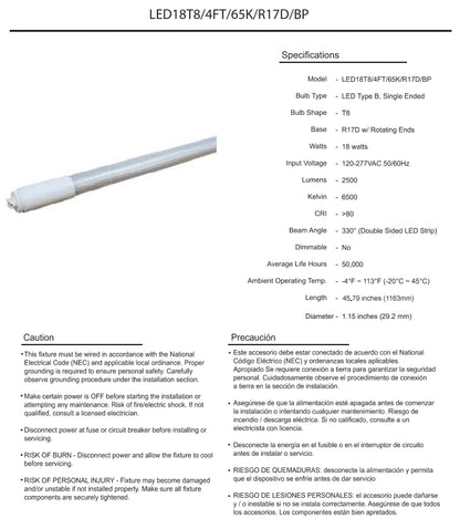 Damar- 4Ft T8 LED Tube Light Bulb Type B Ballast Bypass Single End 18W 2500 Lumens 6500K Daylight R17D Base with Rotating Ends 120-277VAC Pack of 10- Fluorescent Replacement for Garage Workshop