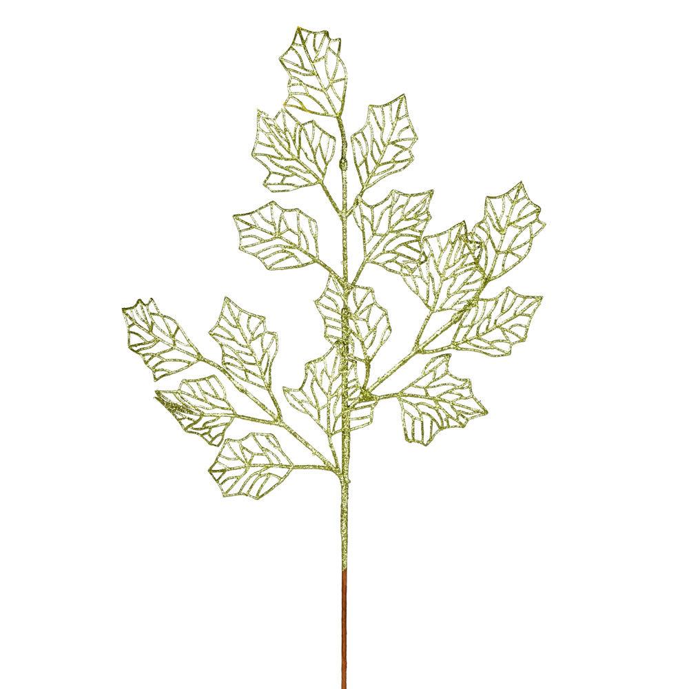 Vickerman 21" Lime Glitter Holly Leaf Lace Artificial Christmas Spray. Includes 12 sprays per pack.