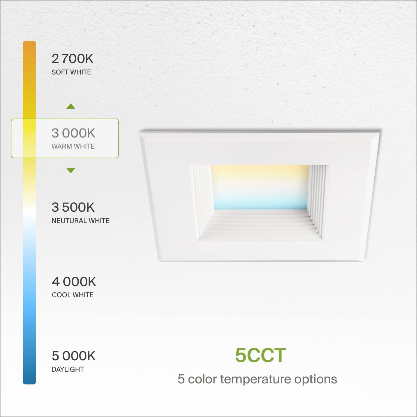 ASD Lighting LED Square Downlight Retrofit Kit 4" 8.6W 120V CCT Selectable 2700/3000/3500/4000/5000K Dimmable PC, Baffle Trim, White UL 6pack