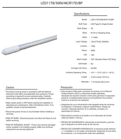 Damar- 3.5Ft T8 LED Tube Light Bulb Type B Ballast Bypass Single End 11W 1500 Lumens 4000K Cool White R17D Base with Rotating Ends 120-277VAC Pack of 10- Fluorescent Replacement for Garage Workshop