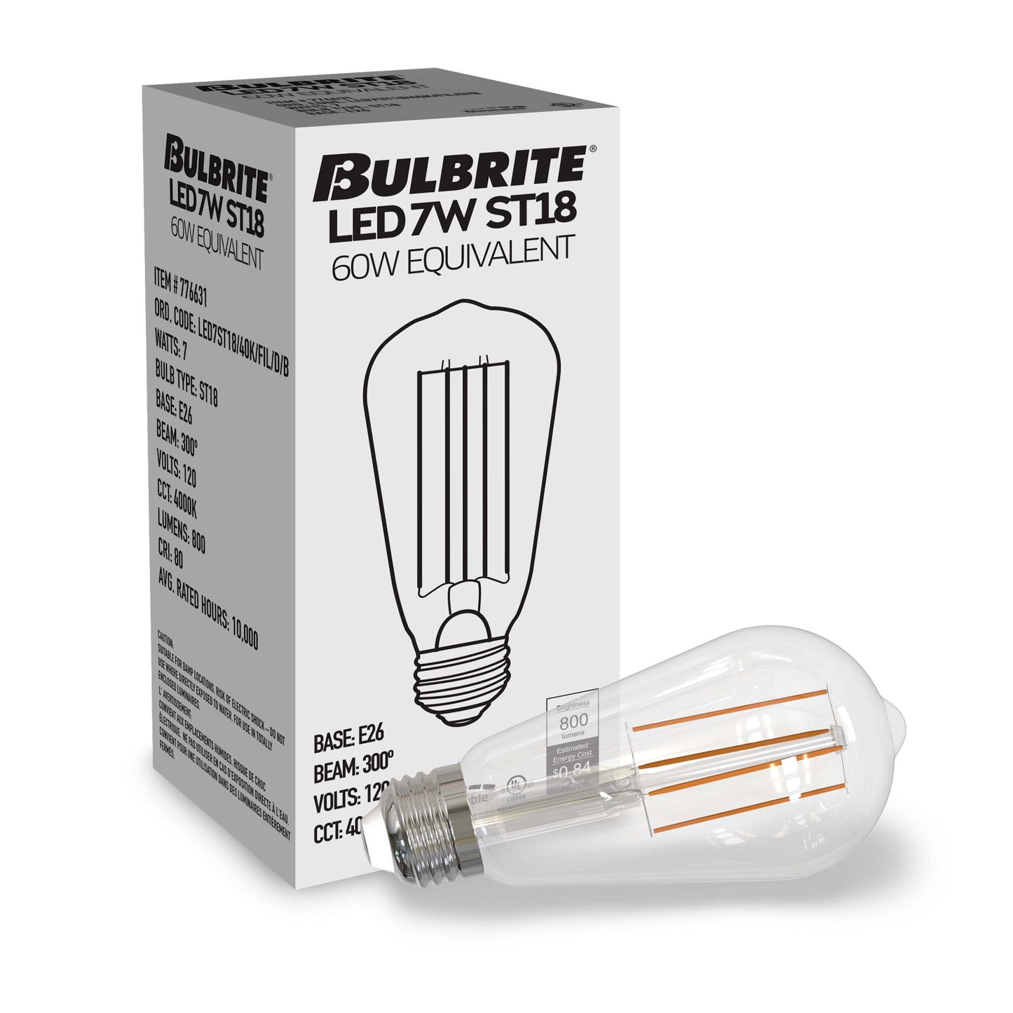Bulbrite 776225 7W LED ST18 4000K FILAMENT E26 DIM