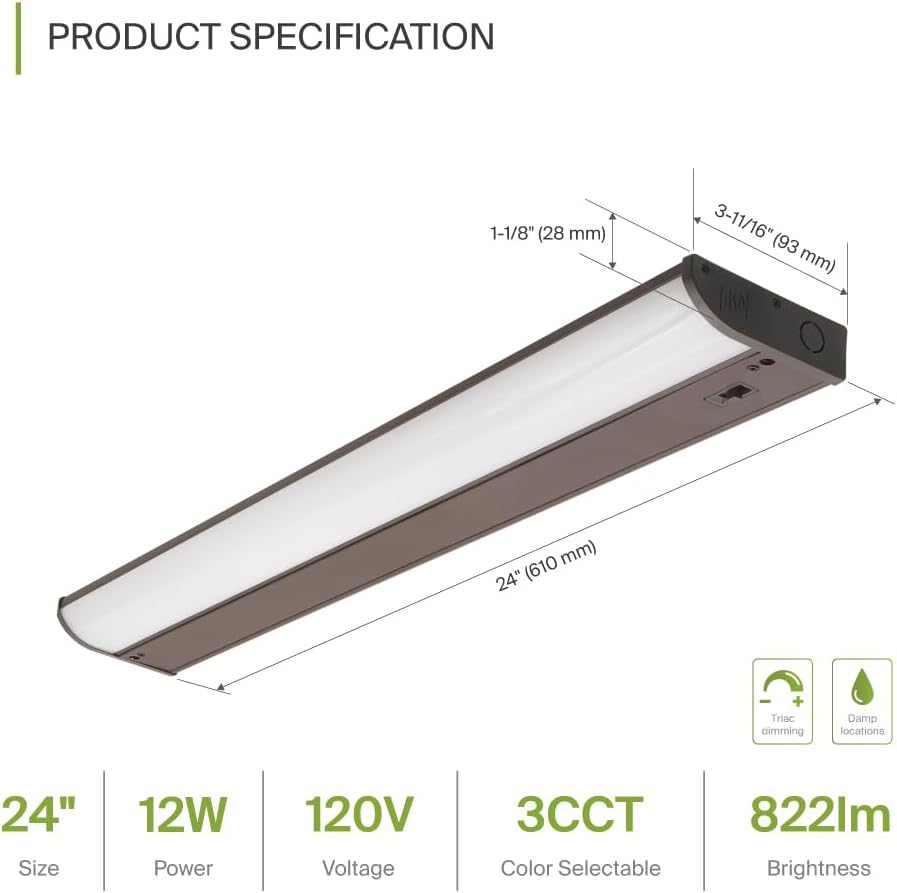 ASD Lighting LED Under Cabinet Bullnose 24" 12W 120V Dimmable CCT Selectable 3000/4000/5000K Hardwired, On/Off Switch, Oil Rubbed Bronze ETL Energy Star