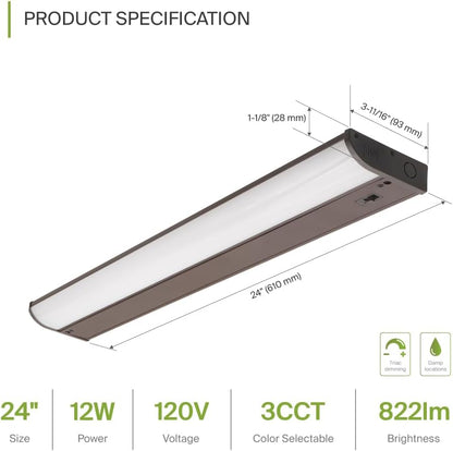 ASD Lighting LED Under Cabinet Bullnose 24" 12W 120V Dimmable CCT Selectable 3000/4000/5000K Hardwired, On/Off Switch, Oil Rubbed Bronze ETL Energy Star