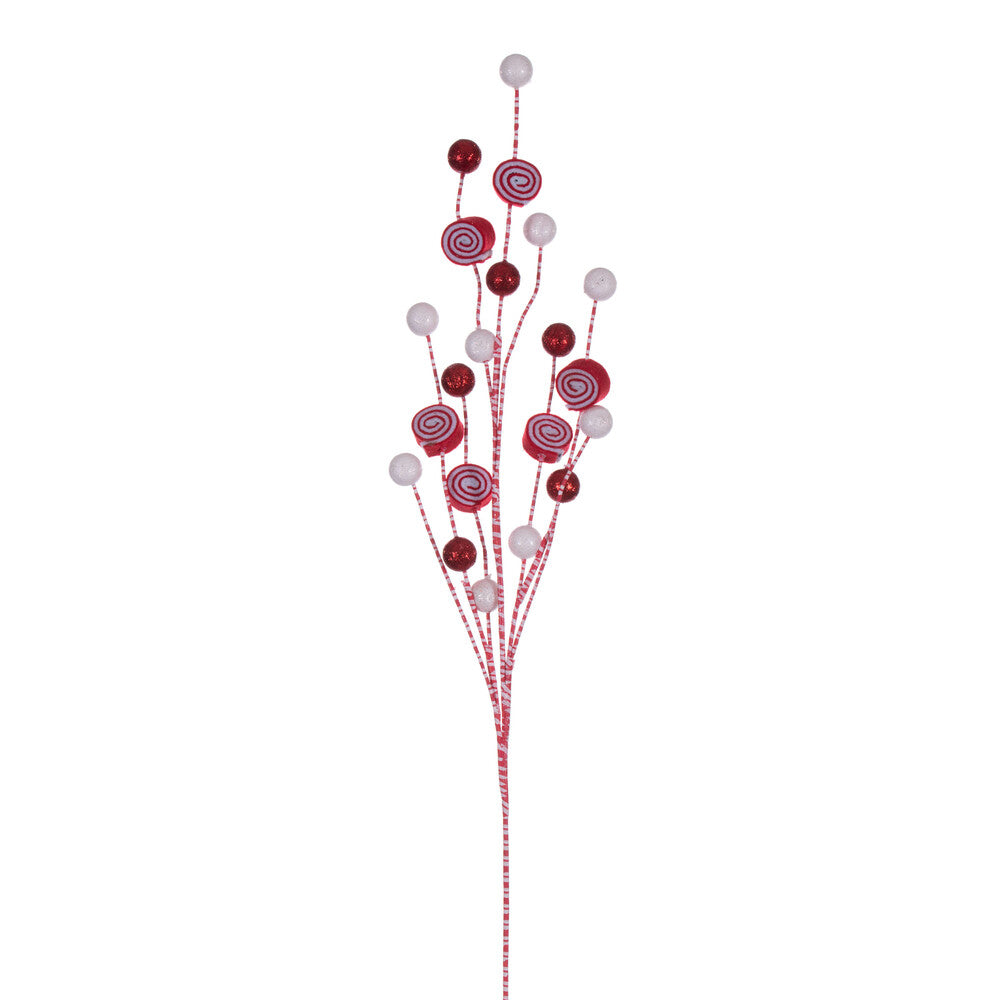 Vickerman 32" Red and White Swirl and Glitter Ball Spray 4 per bag.