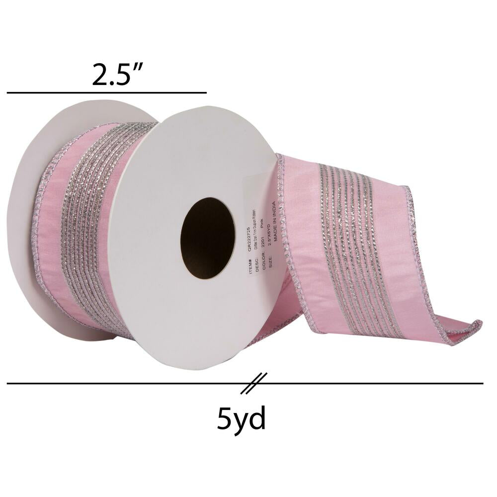 Vickerman 2.5" x 5 Yards Pink Glitter Dori Trim Dupioni Ribbon