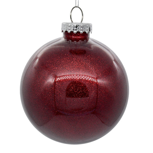 Vickerman 6" Clear Ball Christmas Ornament with Burgundy Glitter Interior 4 Pieces per bag