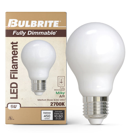 Bulbrite 862070 LED Filament Pack of (4) 5 Watt Dimmable A19 Light Bulb with Milky Glass Finish and Medium (E26) Base - 2700K (Warm White Light), 450 Lumens