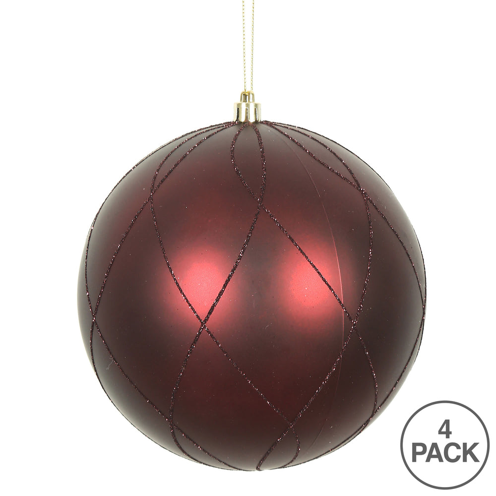 Vickerman 4" Burgundy Matte and Glitter Swirl Ball Ornament 4 per Box