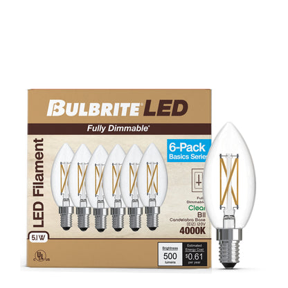 Bulbrite 776234 LED Filament Pack of 6, 5.1 Watt Dimmable B11 Light Bulb with Clear Finish and Candelabra Screw E12 Base - 4000K(Cool White Light), 500 lumens