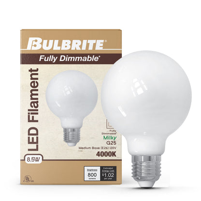 Bulbrite 862091 LED Filament Pack of (4) 8.5 Watt Dimmable G25 Light Bulb with Milky Glass Finish and Medium (E26) Base - 4000K (Cool White Light), 800 Lumens