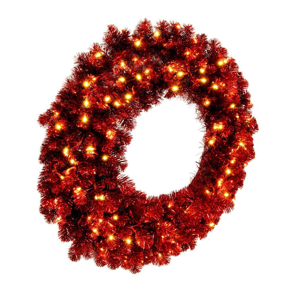 Vickerman 36" Artificial Deluxe Red Tinsel Christmas Wreath Warm White Single Mold Wide Angle Mini Lights