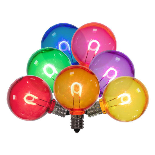 Vickerman G40 Transparent U-Shaped Filament Multi Bulb, E12 Base, .6 Watts, 25 Pcs Assorted/Bag.  Colors included are Blue, Red, Green, Purple and Amber.