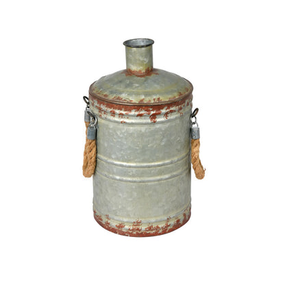 Vickerman 13.5" Rustic Metal Container with Handles. This metal container is the perfect addition to any modern farm style decor. This rustic piece is the perfect addition to any table top setting. It measures 13.5" H x 7.75" L x 8.25" W.   90% METAL 10%