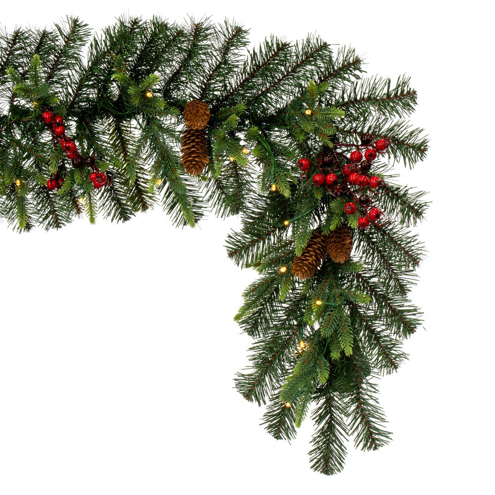 Vickerman 6' x 14" Berry Mixed Pine Cone Artificial Pre-Lit Garland Battery Operated LED Warm White Lights