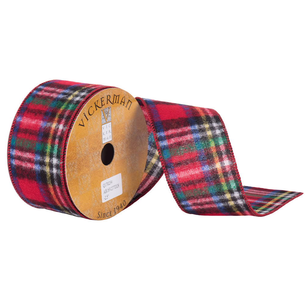 Vickerman 2.5" x 10 Yards Red Blue Green Flannel Plaid Wired Edge Christmas Ribbon