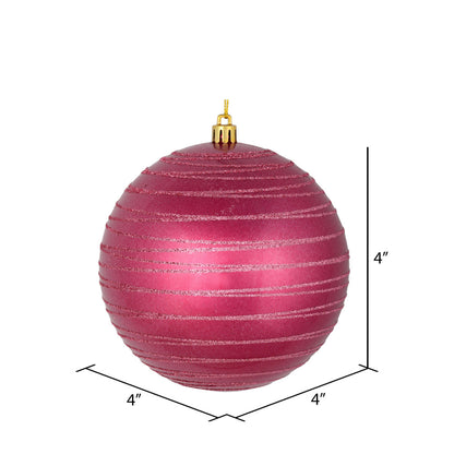 Vickerman 4" Berry Red Candy Finish Ball Ornament with Glitter Lines 4 per Bag