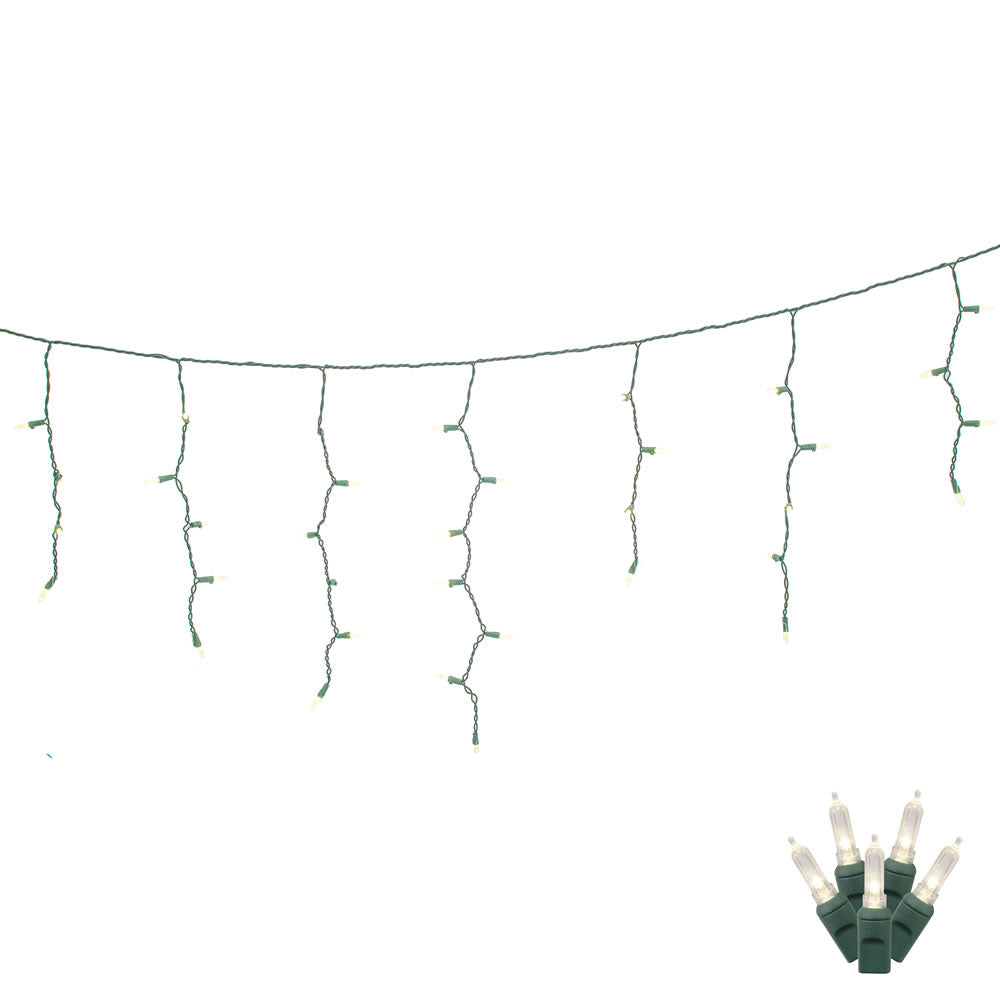 Vickerman 70 Warm White Twinkle M5 LED Icicle Light on Green Wire 9' Light Strand.