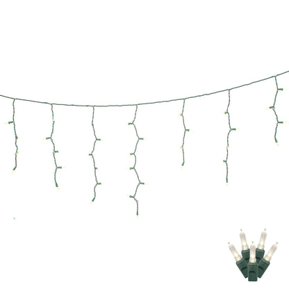 Vickerman 70 Warm White Twinkle M5 LED Icicle Light on Green Wire 9' Light Strand.