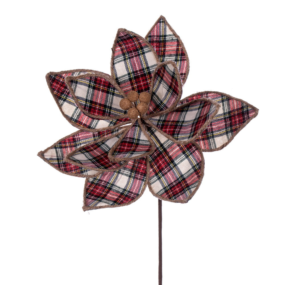 Vickerman 17" Artificial Red and White Plaid Poinsettia Christmas Stem 4 per bag