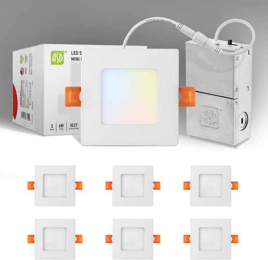ASD Lighting LED Recessed Mini Panel Square 3inch 6W 120V Triac 2700/3000/3500/4000/5000K White UL Energy Star 6 pack