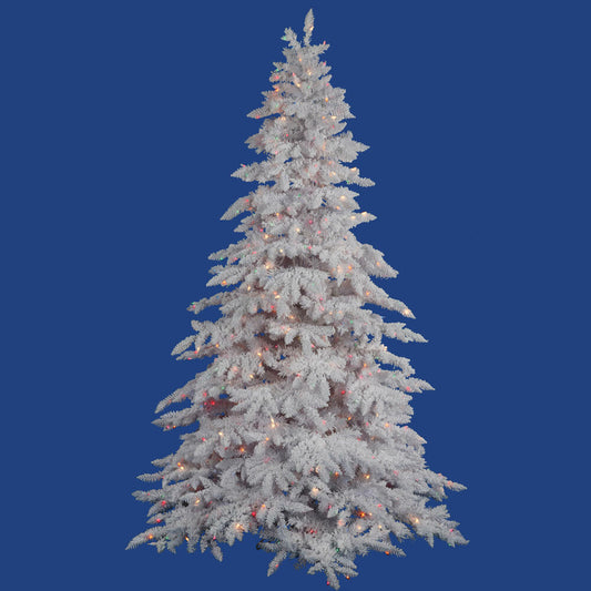Vickerman 7.5' Flocked White Spruce Artificial Christmas Tree Multi-Colored Lights
