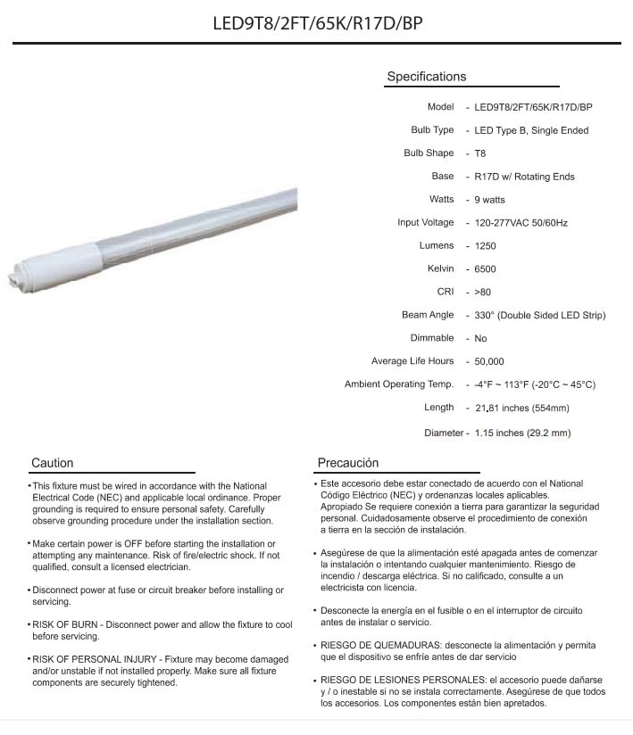 Damar- 2Ft T8 LED Tube Light Bulb Type B Ballast Bypass Single End 9W 1250 Lumens 6500K Daylight R17D Base with Rotating Ends 120-277VAC Pack of 10- Fluorescent Replacement for Garage Workshop