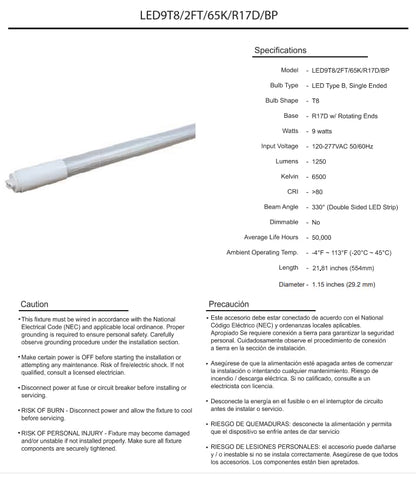 Damar- 2Ft T8 LED Tube Light Bulb Type B Ballast Bypass Single End 9W 1250 Lumens 6500K Daylight R17D Base with Rotating Ends 120-277VAC Pack of 10- Fluorescent Replacement for Garage Workshop
